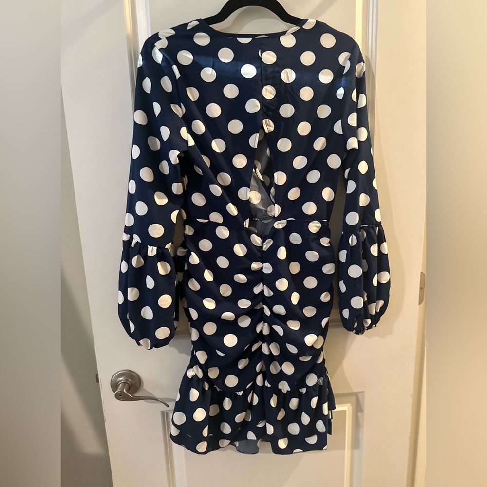 Blue & White Polka Dot Ruffled Dress with Ruching - Picture 6 of 11